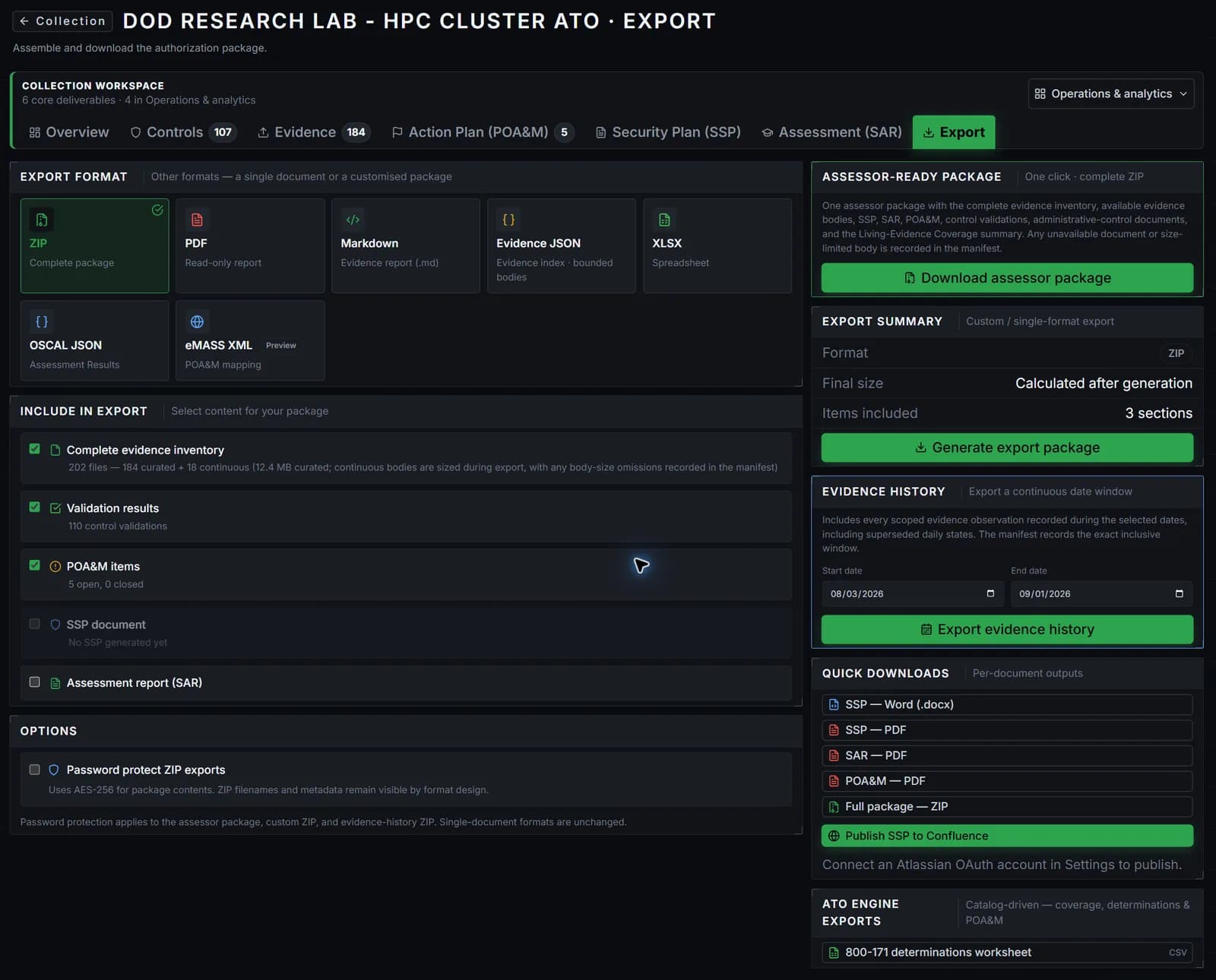 The PolicyCortex evidence package export: assessor-ready ZIP with complete evidence inventory, validation results, POA&M items, SSP, SAR, OSCAL and eMASS formats, and AES-256 protection