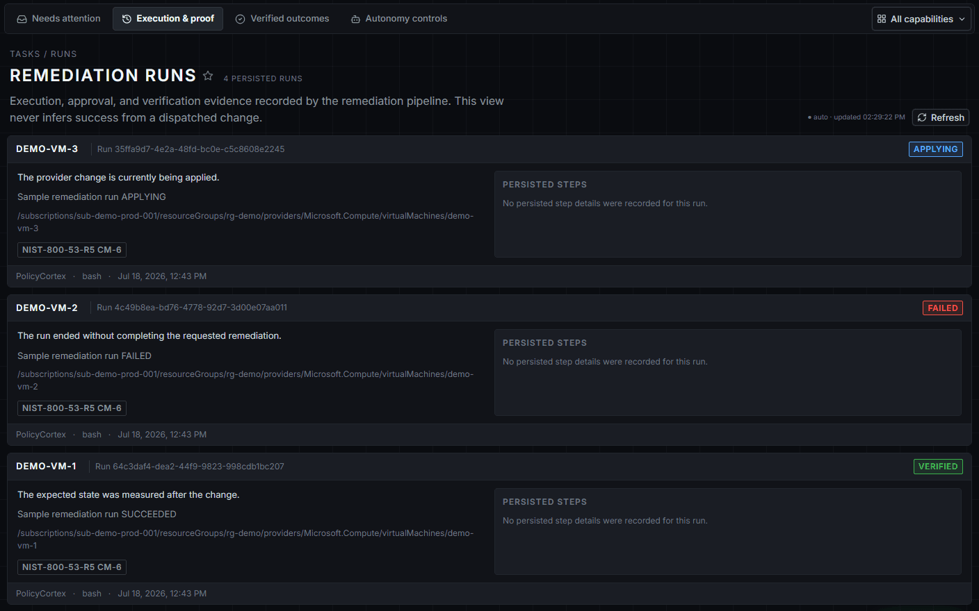 Current PolicyCortex remediation lifecycle showing applying, failed, verified, and awaiting-approval runs in the production demo tenant