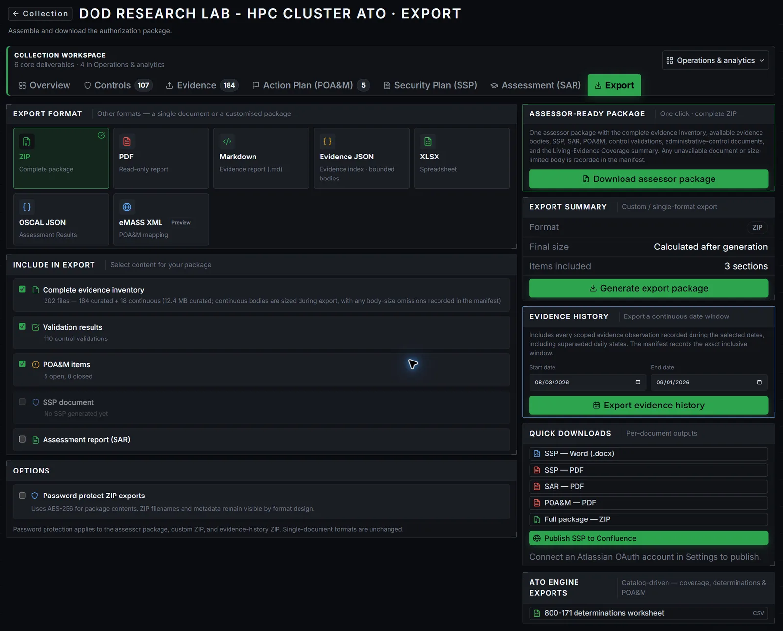 PolicyCortex assessor package export showing SSP, POA&M, SAR, and OSCAL 1.1.2 deliverables