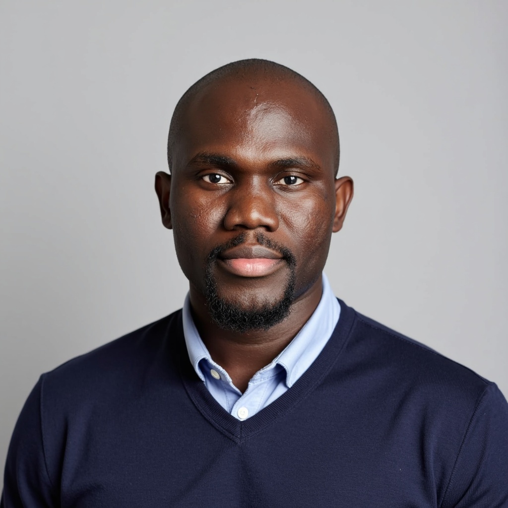 Leonard Esere, founder and chief executive of PolicyCortex, Inc.: a head-and-shoulders portrait in a navy sweater over a light blue collared shirt, against a plain grey background.